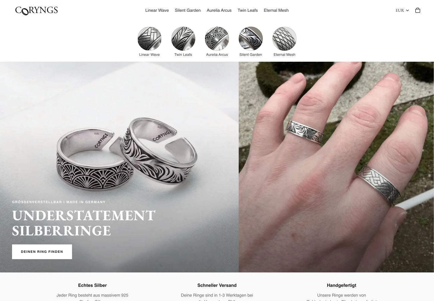 Coryngs online store with silver rings and a custom homepage