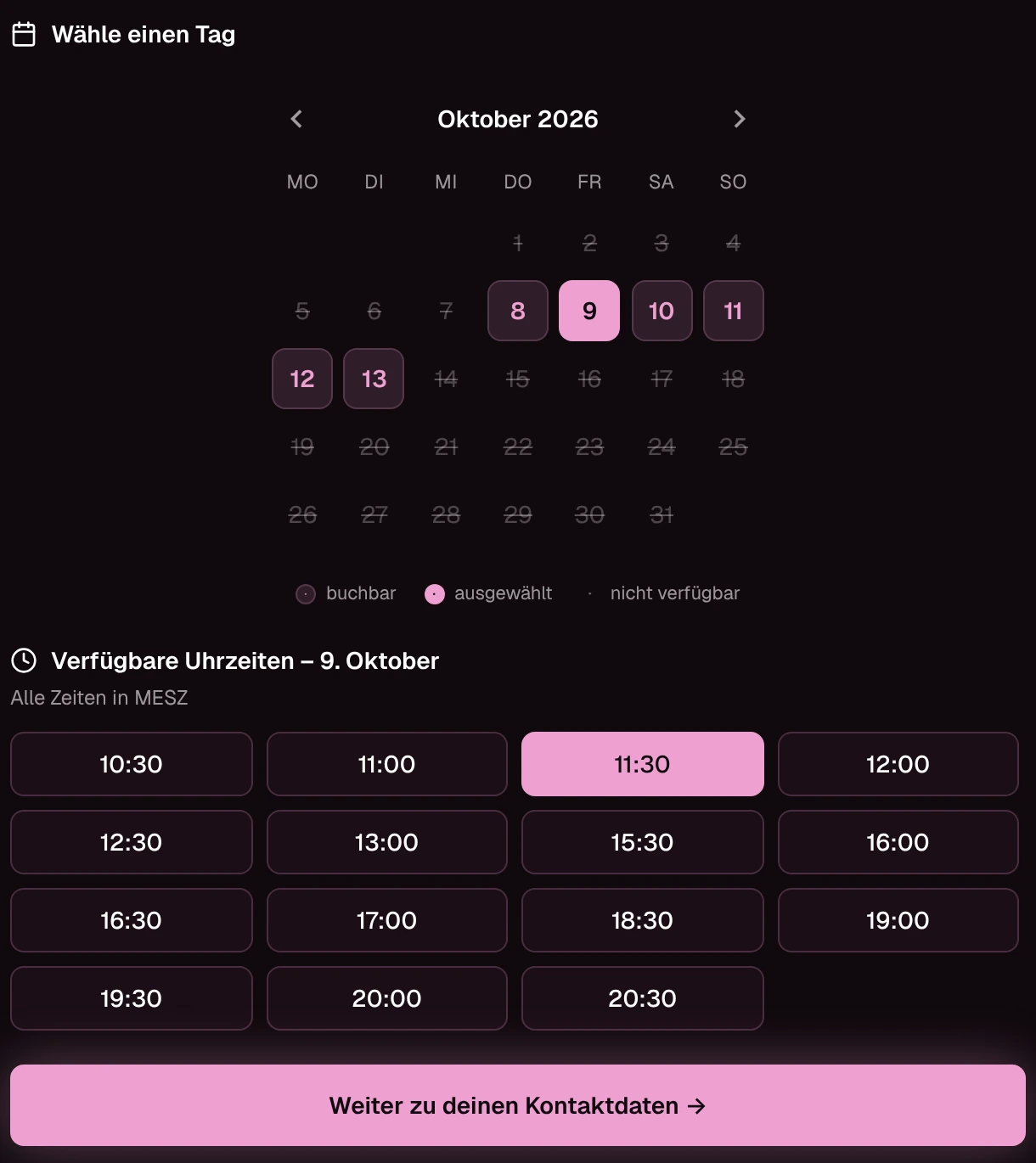 Actual booking interface with a calendar and available time slots